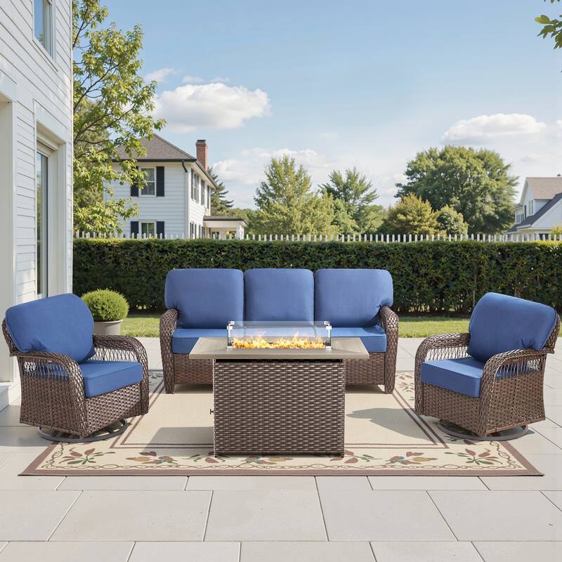 Pocassy Outdoor Fire Table with Swivel Chair Sofa Funiture Set. - Brown Wicker Blue Cushion - 4-Piece Sofa Swivel Chair w/ Fie Pit Table