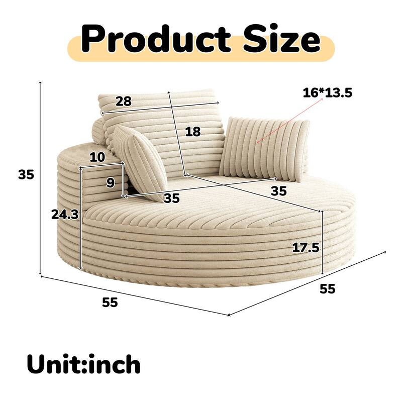 Oversized Swivel Accent Chair, Corduroy Round Lounge Sofa Chair, Upholstered Reading Armchair with Back Cushion & 2 Pillows