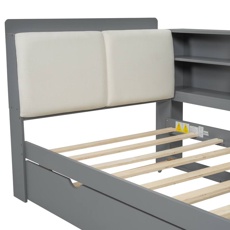 L Shape Daybed Bed with Optional Trundle or Drawers Wood Bookcase Bed with Rotatable Storage Board Upholstered Storage Headboard