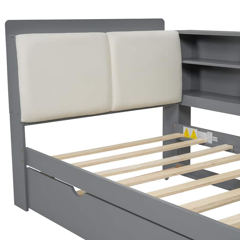 Twin Size Platform Bed with Trundle Bed, Built-in Storage Headboard, Shelves, and Rotating Board, Upholstered Backrest