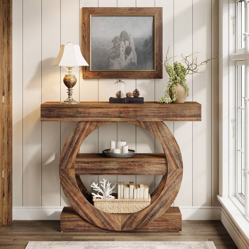 Industrial Brown 3-Tier Wood Console Table Sofa Tables for Entryway