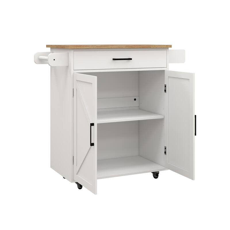 Anmytek Farmhouse Kitchen Island Cart with Bamboo Top and Wheels - Rolling Kitchen Storage with Extendable Shelves