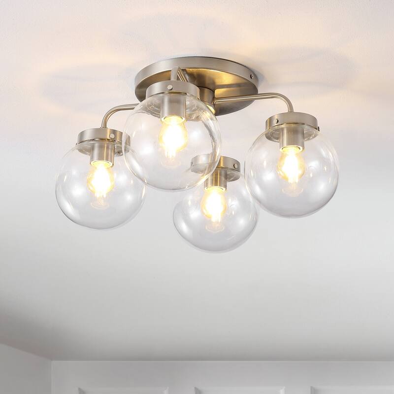 Julian 18" 4-Light Farmhouse Rustic Iron/Glass LED Semi Flush Mount, Oil Rubbed Bronze/Clear by JONATHAN Y - 4 Light - Nickel