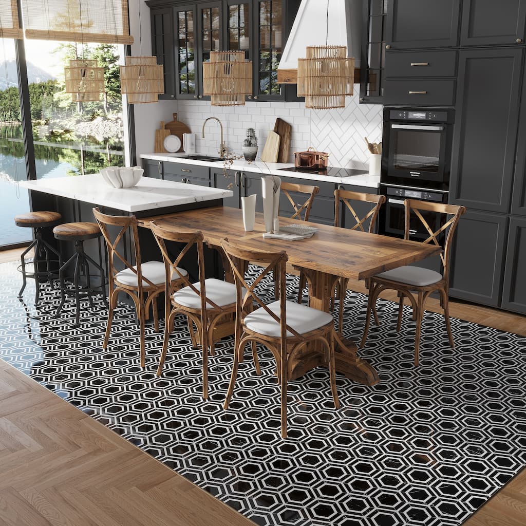 Apollo tile 11 x 13 Noir Luxe Polished Raven Black Nero Marquina, Thassos Marble Tile (5.21 sq ft/case) - 5 Pack