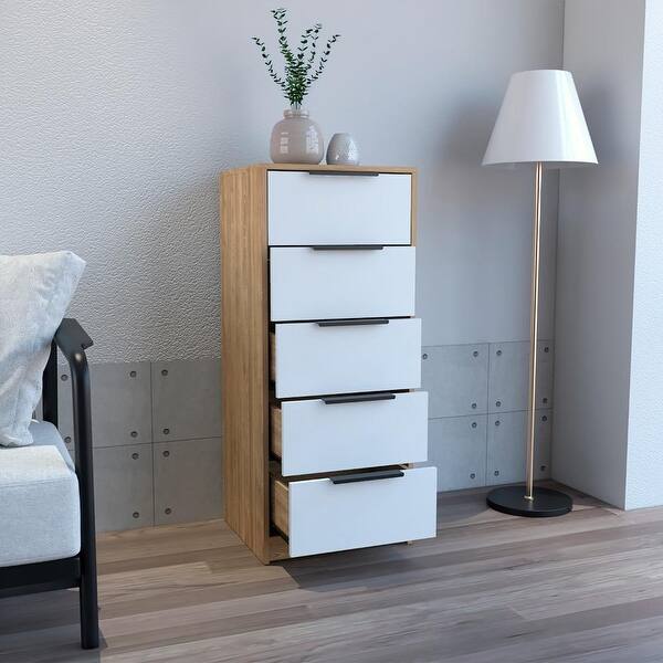 Vertical 5-Drawer Dresser: 42"H in White/Light Oak for Space-Saving Storage Vertical 5-Drawer Dresser: 42"H in White/Light Oak for Space-Saving Storage