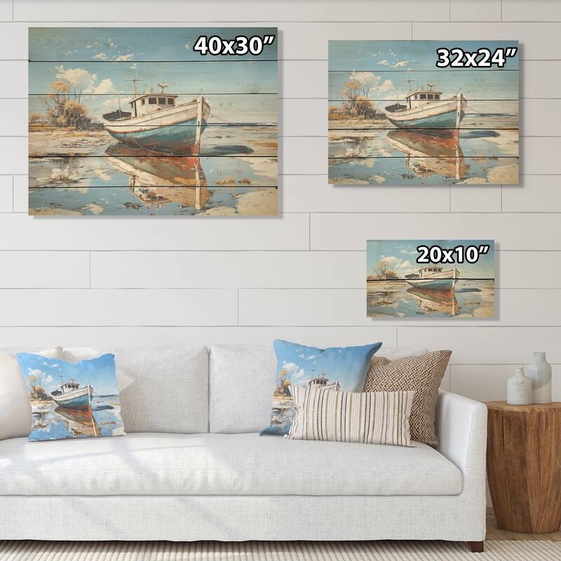 DESIGN ART "Blue And White Boat Scenery" Coastal Boat Wood Wall Art Nautical & Coastal Wood Panel On Natural Pine Wood
