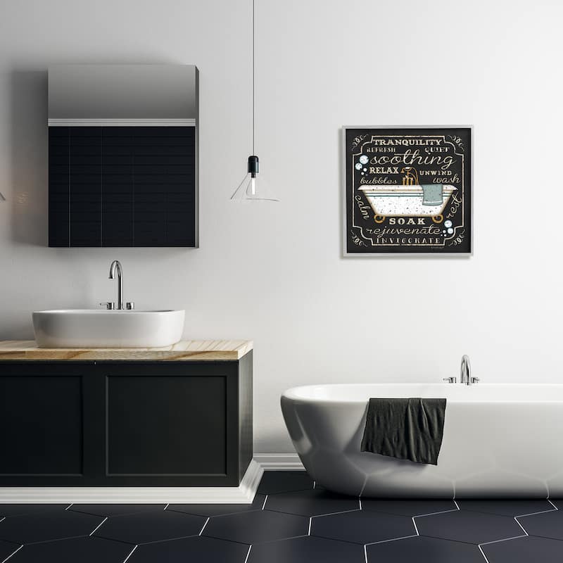 Stupell Tranquility Tub Icon Textual Bathroom Art Black Framed, 12 x 12