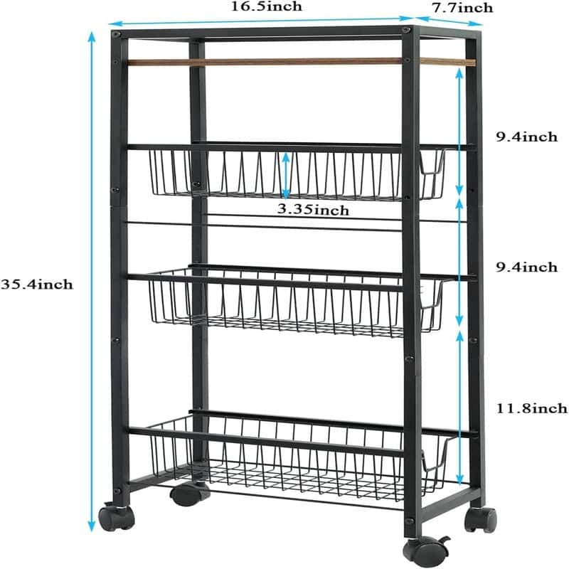 4 Tier Slim Rolling Storage Cart with Pull Out Baskets - 7.68"D x 16.54"W x 35.43"H