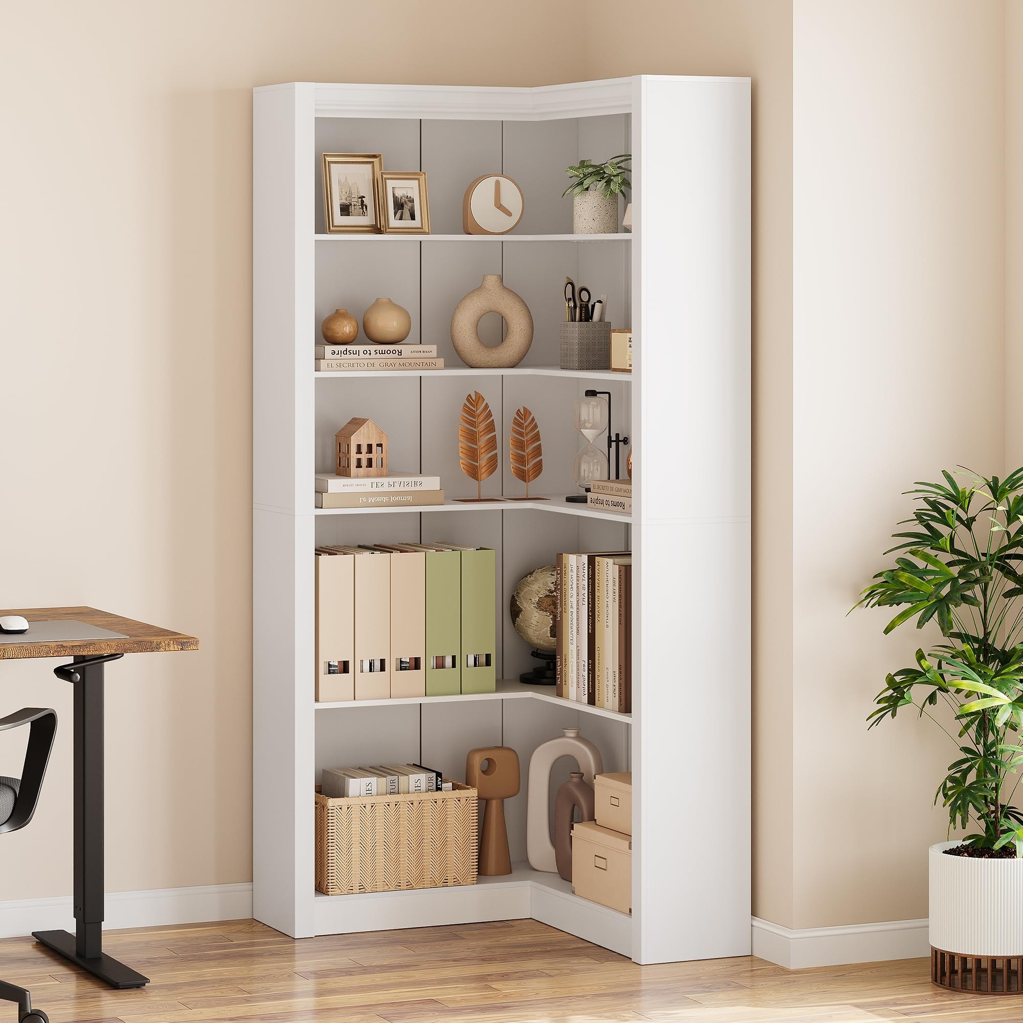 71.8" Tall L-Shaped Corner Bookshelf, 5-Tier Bookcase with Storage, Display Shelves for Living Room, Bedroom, Office