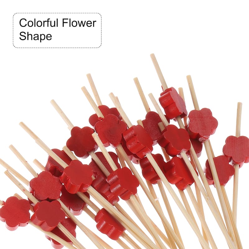 Bamboo Cocktail Toothpicks Red Flower Drink Picks Skewer 100Pcs - 4.72"