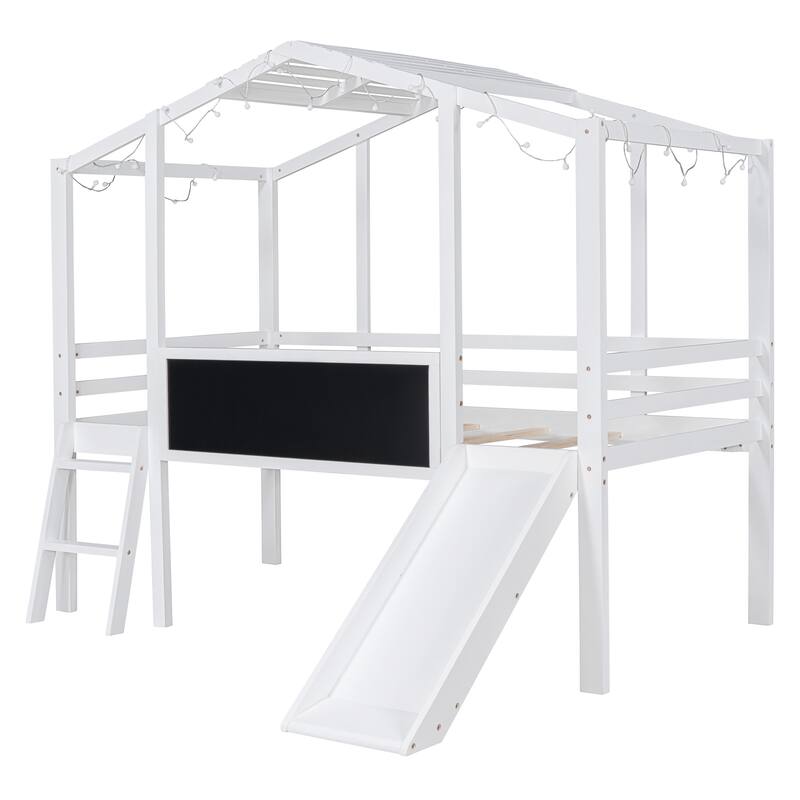 Twin Loft Bed with Slide, Ladder, Blackboard, and Light Strip, White and Gray