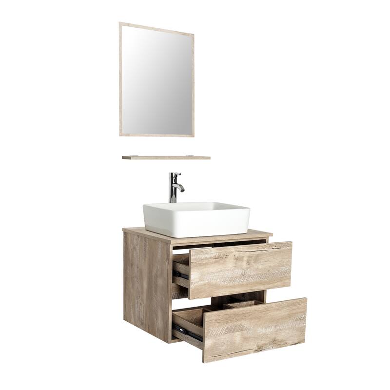 eclife 24" Wall Mounted Bathroom Vanity Ceramic Tempered Glass Sink Combo Natural 2 Drawers Cabinet Vanity Set