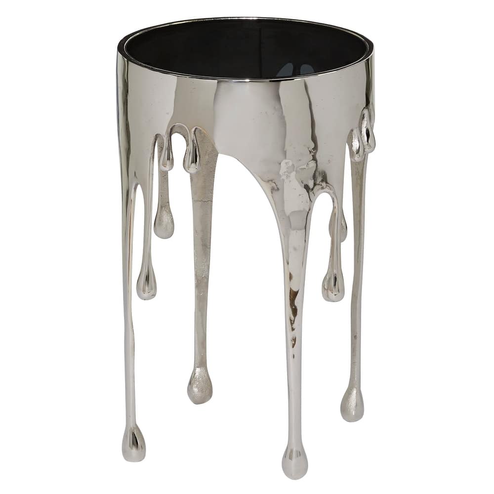 Aluminum Metal Abstract Drip Accent Table with Melting Design and Shaded Glass Top - Roche River Decor