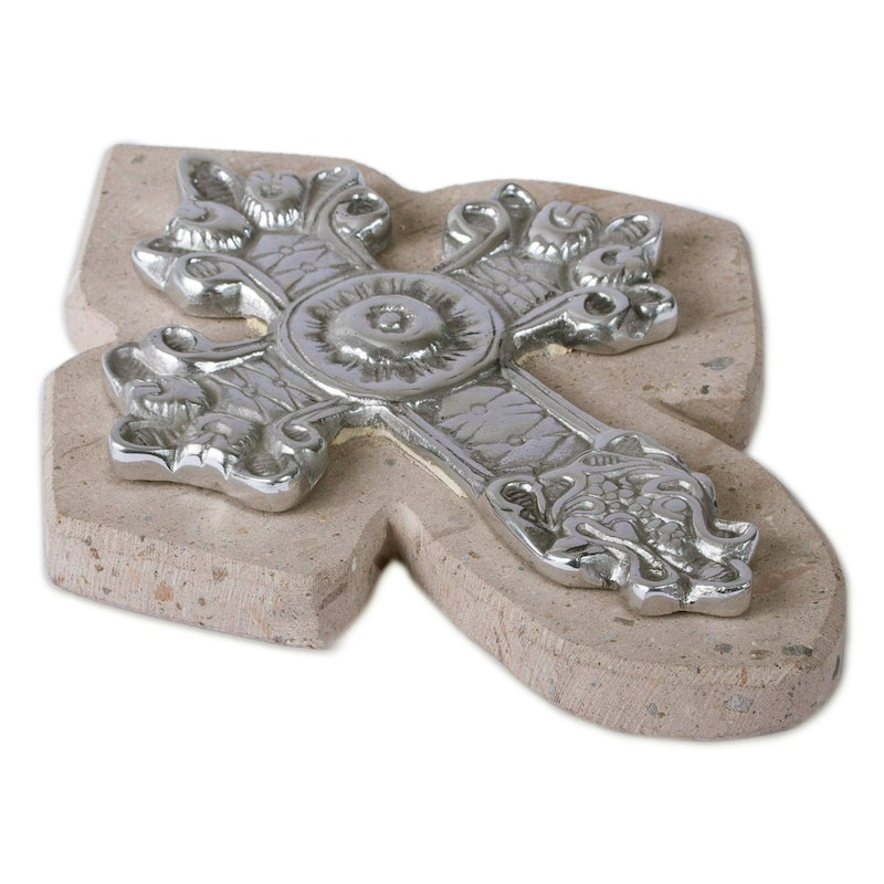 Handmade Baroque Faith Pewter And Reclaimed Stone Wall Cross (Mexico) - 9.25" H x 7.25" W x 1.3" D
