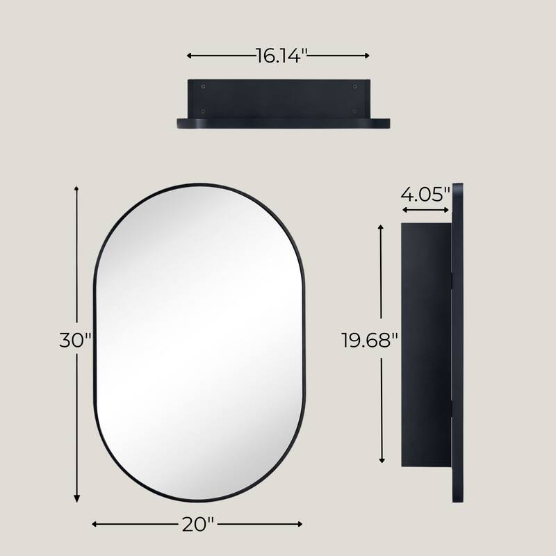 Surface Mount Black Pill Bathroom Medicine Cabinet with Mirror and adjustable shelves - 20" x 30"