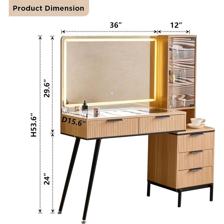 Fluted Makeup Vanity Desk with LED Lights & Outlet, 5 Drawers, 3 Light Modes