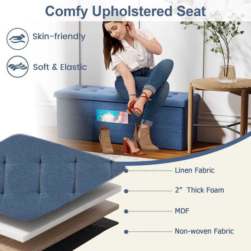 Large 38 Gallon Linen Fabric Storage Ottoman Bench Folding Multipurpose Footrest and Seat with Foam Cushion - 43" × 15" × 15"