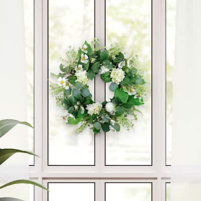 Hydrangea and Dogwood Artificial Floral Spring Wreath - 24" - Green and White