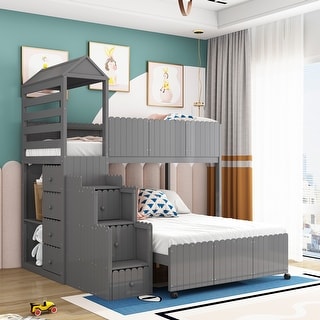 Modern Twin over Full Bunk Bed with Two Shelves and Seven Drawers - Bed ...