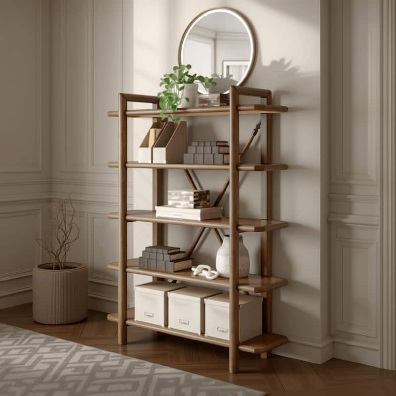 Rohan Bookcase w 5 Display Shelves, Brown Wood X Cross Back, 71 Inch