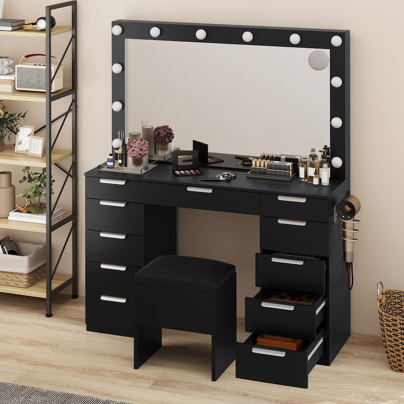 Moasis White 10-Drawer Cosmetic Vanity Desk Set with Glass Tabletop Makeup Vanity with LED Strip