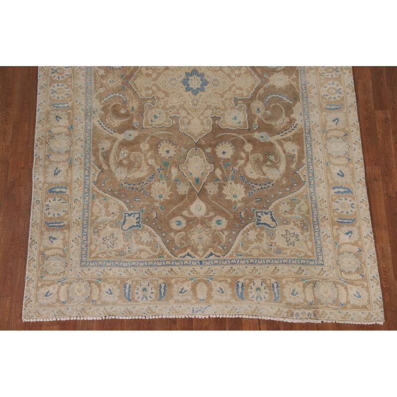 Hand Knotted Oriental 100% Wool Carpet Traditional Floral Brown Mashad Area Rug - 9' 0'' X 6' 0''