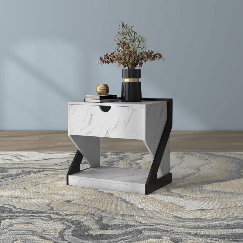 DH BASIC Modern White Faux Marble 1-Drawer Nightstand Side Table by Denhour