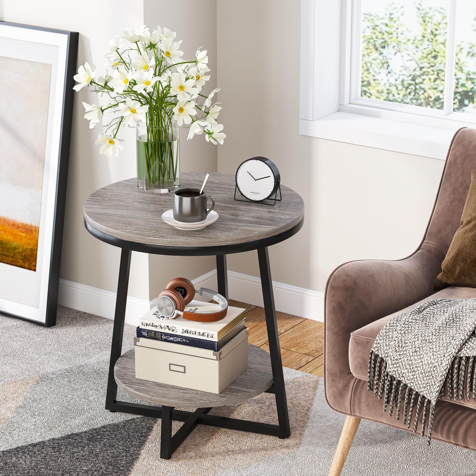 2-tier Rustic Small Round Side End Table for Living Room