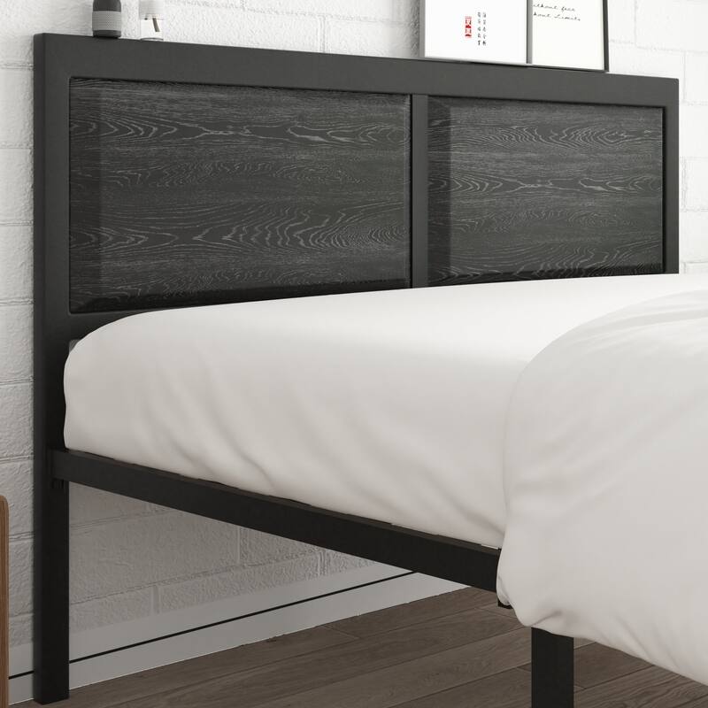VECELO Platform Bed Frame with Wooden Headboard, Heavy Duty Steel Slats Support, No Box Spring Needed