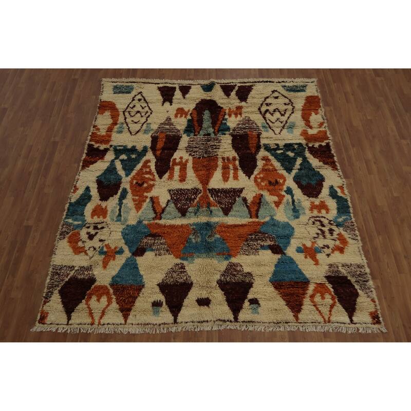 Hand Knotted Oriental 100% Wool Carpet Modern Tribal Beige & Ivories Moroccan Area Rug - 9' 2'' X 8' 2''