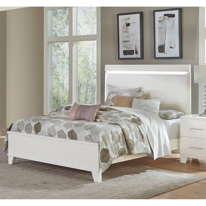 Modern Queen Bed with LED Lighting & Faux Leather Headboard - Kerren Collection. - White
