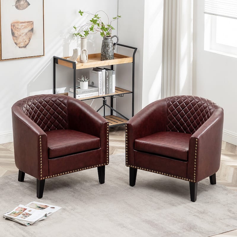 KINWELL 29" PU Faux Leather Club Armchair with Nailheads, Set of 2 - Red