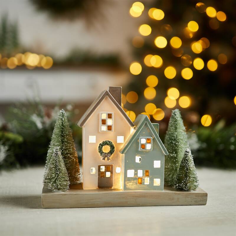 LED Lighted Resin Winter Village Houses with Bottle Brush Trees Ideal for Tabletop Holiday Decor