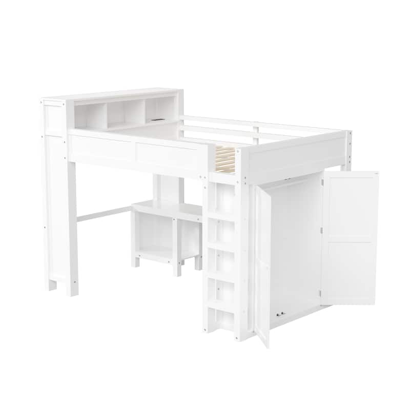 Heavy-Duty Loft Bed Queen Size Loft Frame with Wardrobe Desk USB
