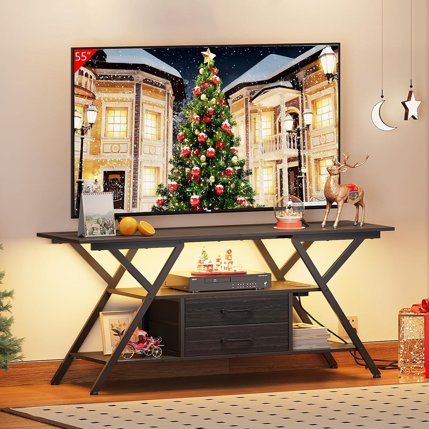 TV Stand with Power Outlet, LED Lights, 2 Drawers, Open Shelves, Fits Up to 65"