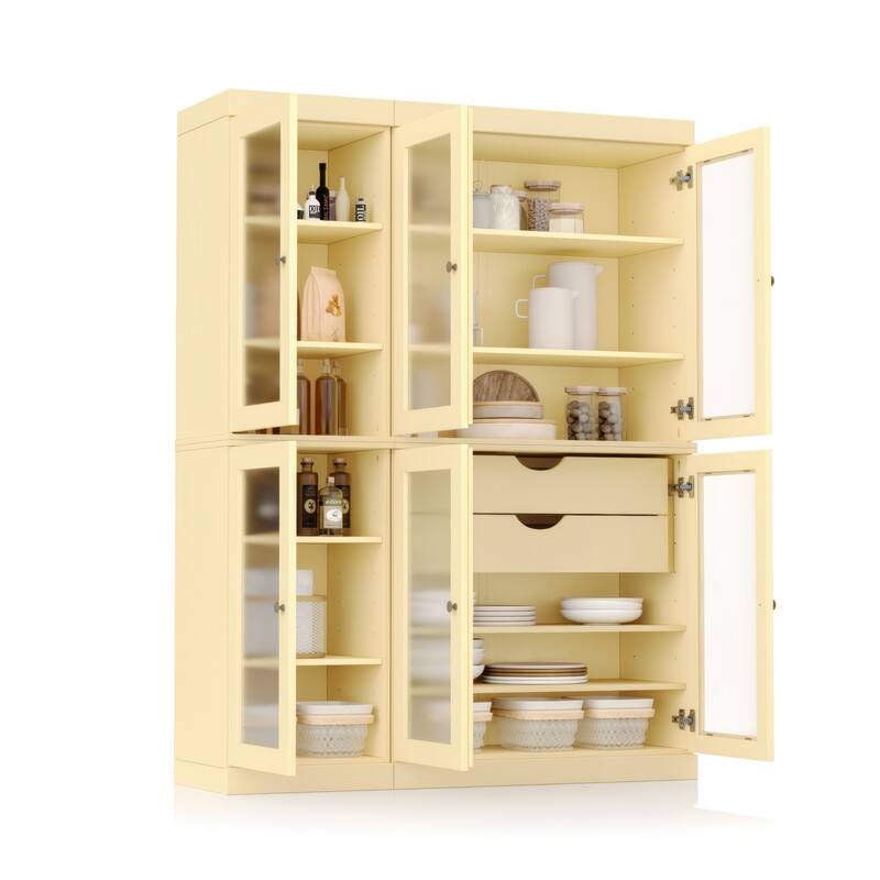 100% Solid Wood 48.5" Pantry Cabinet with Frosted Glass Doors and 2-Drawers