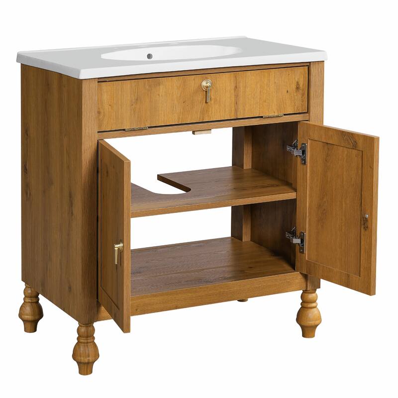 30-Inch Walnut Bathroom Vanity with Seashell Resin Sink, Flip-Up Storage & Soft-Close Doors