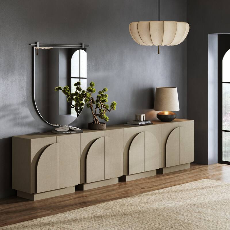 Iris Wooden Accent Cabinet, Sideboard Credenza or TV Stand with Arched Cabinet Doors and Adjustable Shelves - Set of 4 - Beige Linen