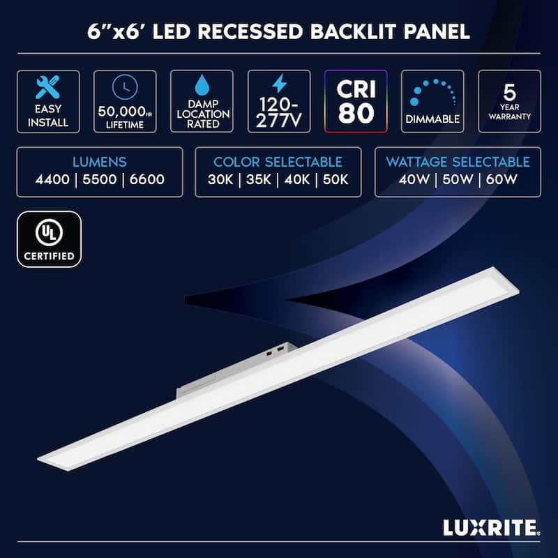 LUXRITE 6x6 FT LED Recessed Panel 40W/50W/60W, 4CCT, Up to 6600 Lumens, Drop Ceiling Lights Dimmable UL Listed 16 Pack