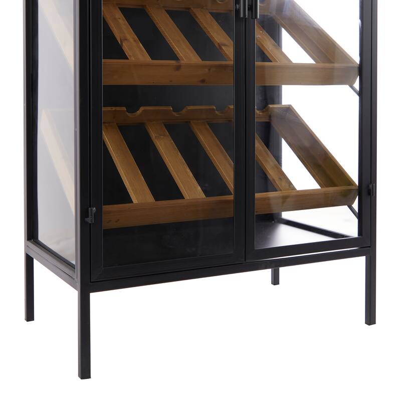 Black Wood 15 Bottle Storage Standing Wine Rack with Wine Glass Holders and Wood Accents