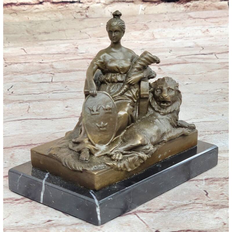 Fortuna Roman Goddess Of Prosperity W/ Cornucopia Lion - Bronze Sculpture By Milo