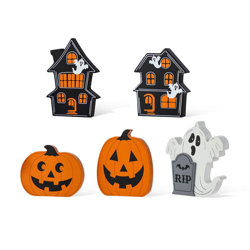 Glitzhome Set of 5 HAPPY HALLOWEEN Wooden Haunted House, Pumpkin & Ghost Table Block Set