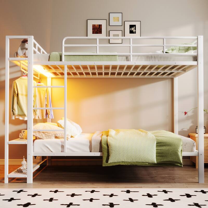 Full Size LED Bunk Bed with Storage Mesh Shelves and Clothes Hooks, Heavy Duty Metal Bunk Bed Frame, Full over Full - White - Full