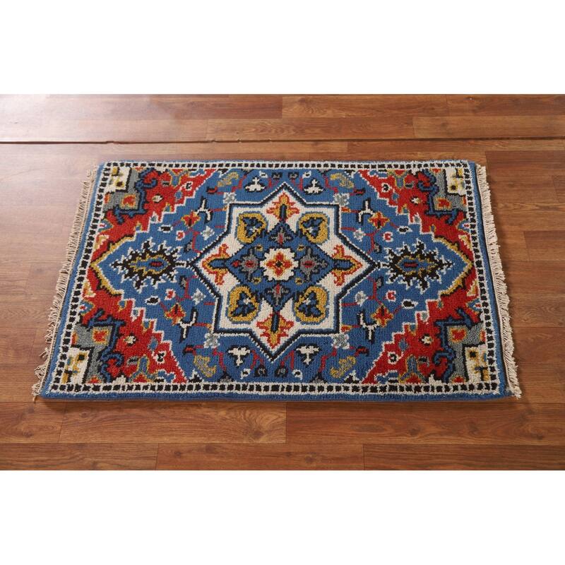 Blue Geometric Kazak Indian Rug Handmade Wool Carpet - 2'0"x 3'0"