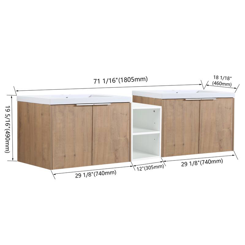 Wall Mounted Bathroom Vanity with Double Doors, Resin Sink, Eco-Friendly Plywood, Soft Closing Hinges - 71.1in L Plywood