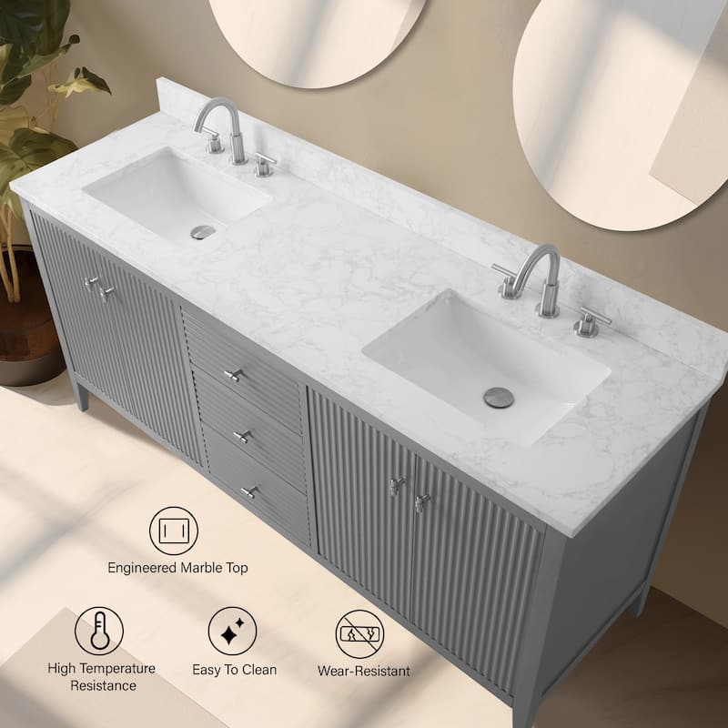 Vanity Art 72" Double Sink Bathroom Vanity Cabinet with Engineered Marble Top
