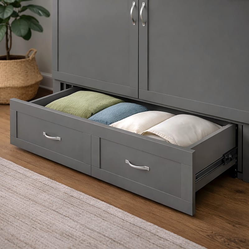 Hamilton Queen Murphy Bed Chest with 6" Mattress, Storage Drawer & Built-In Charger in Grey