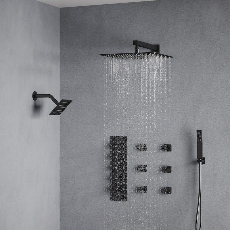 Dual Heads 16" Rainfall & High Pressure 6" Thermostatic Shower System with Body Jets
