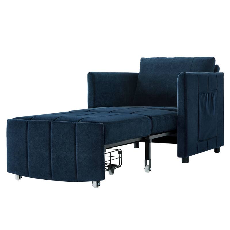 Upholstered Convertible Sleeper Sofa with 5-Position Adjustable Backrest, Side Pockets and Storage Basket, Blue