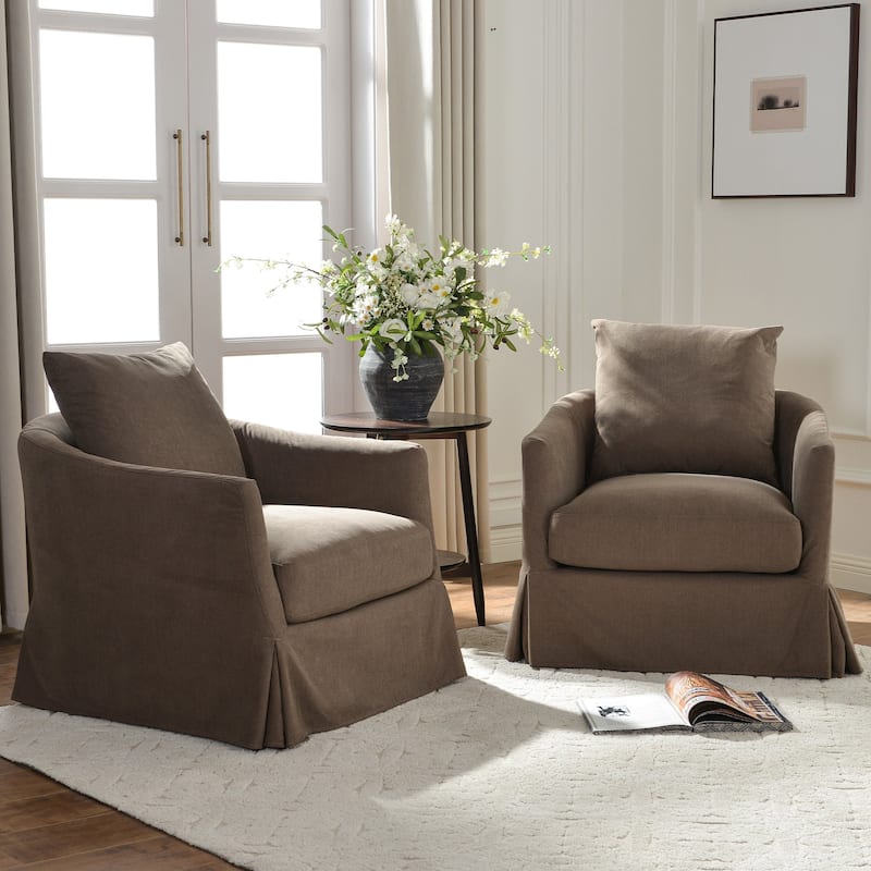 KINWELL 32" W Down Fill Upholstered Slipcovered Swivel Barrel Accent Armchair